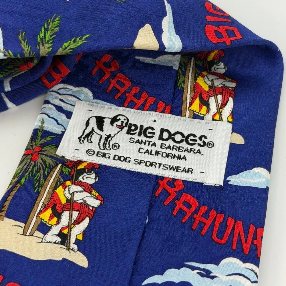 Vintage Big Dogs Mens Big Kahuna Tropical Island Blue Silk‎ Graphic Necktie 0817